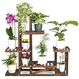 TTL HOME Pflanzenregal SKYLINE - 96 x 97 x 25 cm Natur Holz braun Pflanzentreppe Blumenbank 96cm hoch 7 Plattformen auf 5 Ebenen Blumenregal Pflanzen Regal Blumentreppe innen & außen Balkon Terrasse