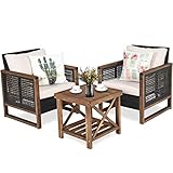 GIANTEX Rattan Gartenmöbel Set 3 teilig, Balkonmöbel Set 2 Personen, Gartensitzgruppe Lounge Set 2 Sessel mit Holztisch, Gartengarnitur Sitzgruppe Gartenlounge Set inkl. waschbarer Kissen