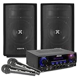 Karaoke Anlage mit 2 Mikrofonen - Vonyx SL8 PA Lautsprecher Set 400 Watt und Fenton AV440BT Bluetooth Verstärker, Mobile PA Anlage Komplettset mit Kabeln, DJ Anlage, Karaoke Set, Karaoke Maschine