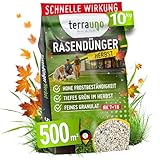 TerraUno Herbstdünger Rasen, mit extra Kalium für Winterschutz, Rasendünger Herbst, 10 kg für 500 m², Herbstrasendünger für schnelles & tiefes Grün, Staubarm, Herbst Rasendünger für den Streuwagen