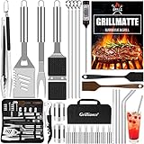 Grilliance BBQ Grillbesteck Set 30 Grillzubehör aus Hochwertiger Edelstahl Grillzange Grillspachtel Korkenzieher Grillset mit Grillkoffer und Grillmatte für Männer Geschenk für Garten Camping Silber