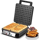 FOHERE 4-Scheiben Waffeleisen, 1200W Belgisches Waffeleisen, Antihaftbeschichtung, Bräunungsregler, Edelstahl – perfekt für Familienfrühstück