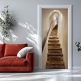 Selbstklebender Türaufkleber 86x200 cm – 3D Türtapete Holztreppe Retro-Architektur – Seide Türposter für Wohnzimmer Schlafzimmer Kinderzimmer Tür Dekoration