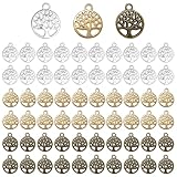 AFCJLTO 60 Stück Charms Anhänger Lebensbaum Retro Antik Silbern Bronze Mischung für Schmuck Basteln für Ohrringen Anhängern Ketten Kommunion Taufe (Silber, Gold, Bronze)