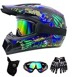 DriveNova Motocross Fullface MTB Helm, Downhill Motorradhelm Kinder, Helm Set Herren ATV Motorradhelm mit Handschuhe Maske Brille, Jugend Motorradhelme Inklusive L-XL Größen Helmfutter
