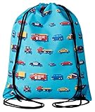 Aminata kids Kinder Turnbeutel Jungen mit Auto-Motiv | hochwertiger großer Sportbeutel Kindergarten und Schule | wasserabweisend reflektierend blau