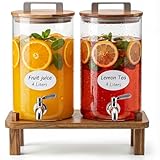 ‌MerryNine 2Stück 4 Liter Glas Getränkespender mit Holzständer, Borosilikatglas Wasserspender, mit Edelstahl-Wasserhahn für Heiß-/Kaltgetränke wie Limonade, Saft, Tee bei Partys und Events