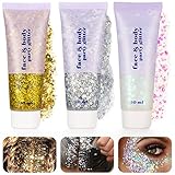 Xinstroe 3 Stück Body Glitter gel, Glitter Sequins Chunky Glitter Liquid Gel für Gesicht Haare Lippen Nägel Make Up Kosmetik Festival Party, Silber,Gold,Weiß