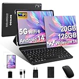 Android 14 Tablet mit Tastatur, Tablet 10 Zoll mit 5G WLAN 6, 20 GB RAM+128 GB ROM (Erweiterbar auf 1 TB), GPS, Widevine L1, Octa-Core, 5MP + 8MP, 1280 x 800, 6000mAh, Tablet mit Maus + Hülle, Schwarz
