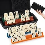 Domino Set für Erwachsene, Double 6 Dominosteine mit 28 Steinen (4 x 2 x 0,5 cm) und 4 Silikon-Dominohaltern (16 x 1,7 x 1,8 cm), Klassisches Brettspiel mit Tragetasche für Familienspiele und Reisen