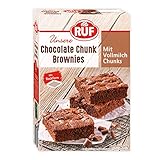 RUF Chocolate Vollmilch-Chunk Fudgy Brownies, Backmischung für Brownies mit Vollmilch-Schokostückchen, mit Backform, Rezept-Tipp für Cheesecake Erdnuss-Frischkäse-Brownies dabei, 1x410g