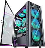 MUSETEX ATX PC Gehäuse Pre-Install 6 PWM ARGB Lüfter, Polygonal Mesh Computer Gaming Gehäuse, Öffnung gehärtetes Glas Seitenwand Mid-Tower Gehäuse, USB 3.0 x 2, Schwarz, NN8