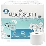 Glücksblatt Toilettenpapier Box, 3-lagig, 75 Rollen x 180 Blatt, 100% Zellstoff, Großpackung, superweiches Klopapier, WC Papier, wiederverwendbarer Vorratskarton