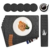 teeppo Tischset Filz Anthrazit, 18er Pack Platzsets Abwaschbar, 6 Hitzebeständige Platzset Filz, 6 Bestecktaschen, 6 Untersetzer-Set, Tischsets für Esstische