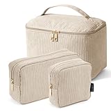 MAGEFY 3er Set Kosmetiktasche Kulturtasche Damen, Cord Make up Tasche mit Fächern Reise Make up Tasche für Frauen (Beige)