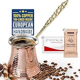 Volarium CRYSTALIA Groß Türkische Kaffeekanne Kupfer 425ml Premium Qualität Handgemachte Kupfer Cezve Kupferkanne für Türkischen Kaffee Arabisch Griechische Kaffeekanne, Kupferkaffeekanne, Mokkakanne