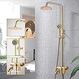 Shower System, Gebürstetes Gold Badezimmer-Duscharmatur, Regendusche, Badewannenmischer mit Handbrause, drehbares Spray, Bad-Duscharmatur-Set