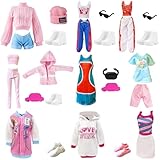24 Stück Winter Kleidung und Zubehör Kompatibel mit Barbie Puppen, Enthält 1 Trainingsanzug, 3 Kurzarm-Sets, 1 Tank-Top-Set, 10 Schuhe, 8 Accessoires Zufälliger Stil für 11.5 Zoll Mädchen Puppen