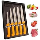 Roland Germany 5-teiliges Metzger Messer Set – Profi-Fleischmesser aus rostfreiem Stahl mit ergonomischem Gelbgriff – Ausbein-, Stech- und Fleischmesser (130 mm – 230 mm)