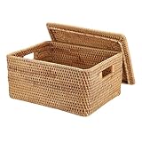 TOLIDA Natürlicher Aufbewahrungskorb aus Rattan Gewebter Wasserdichte Aufbewahrungskiste mit Deckel Im Wohn, Küche Kleiderschrank für Kleidung Büchern Obst Gemüse Kosmetik 33×25.5×16CM