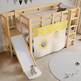 dowowdo Natürliches Kinder-Etagenbett mit Rutsche & Treppe | Holzbett 90x200 cm, Naturfarbe, Bettvorhang, Rutschbahn, Sicherheitsgittern, Spielbett, Kiefernholz