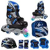 JAMBACH Kinder Inline-Skates mit Schutzset verstellbar zum Rollschuh mit Led (XS (26-29), blau)