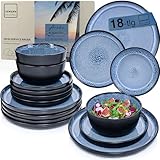 SÄNGER Aruba | Steingut Geschirr Set 18 tlg, Teller Set 6 Personen, Geschirrset 6x Speiseteller 6x Müslischalen 6x Dessertteller, Tafelservice blau mit schwarzem Rand kratzfest | VALUE COLLECTION