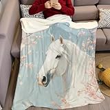 Kuscheldecken 130 x 150 cm Kirschblüten und weißes Pferd 3D Druck Kuscheldecke Flanell Kinder Weiche Wohndecke Geburtstag Geschenke Sofa Couch Wohn Bett Fleecedecke