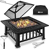 tillvex Feuerschale mit Funkenschutz & Grillrost | Feuerstelle Outdoor für den Garten | 3 in 1 BBQ Grill mit Abdeckung, Schürhaken, Zange & Kohlerost
