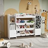 PerGar Bücherregal Kinder, Spielzeug-Organizer, Multifunktionale Ablage mit 8 Aufbewahrungsboxen, mit Tafel, Aufbewahrung von Büchern & Spielzeug im Kinderzimmer, Weiß, 137×94.5×30cm