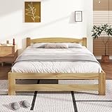 Queta Solide Massivholzbett Futonbett, Doppelbett, Massivholz Natur Bett mit Kopfteil und Lattenroste, Jugendbett, Erwachsenenbett, Natur, 140x200 cm
