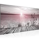 Runa Art Wandbild Brücke Am See 1 Teilig 100 x 40 cm Modern Bild auf Vlies Leinwand Meer Wohnzimmer Schlafzimmer Grau Rosa 034312b