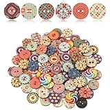 LIQWEI 100 Stück Bunte Holzknöpf, Vintage Harz Holzknöpfe zum Basteln 15mm Bunt Runde Knöpfe zum Annähen Bastelknöpfe für Nähen Basteln Dekoration DIY Handwerk (Gemischt Muster)