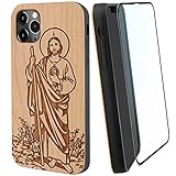 iProductsUS Kompatibel mit iPhone 13 Pro Max (6,7 Zoll) Saint Jude Handyhülle und Displayschutzfolie, Natürliches Echtes Kirschholz Hüllen Graviert in den USA, Einzigartige Holz TPU Schutzhülle 2021