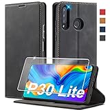 Handyhülle für Huawei P30 Lite Hülle Leder [mit P30 Lite Schutzfolie] für Huawei P30 Lite Hülle Klappbar Stoßfeste Flip Leder Schutzhülle Case Handyhülle für Huawei P30 Lit