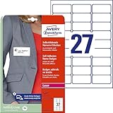 AVERY Zweckform L4784-20 Namensetiketten (540 Namensaufkleber, 63,5x29,6mm auf A4, selbstklebend, bedruckbare Textiletiketten aus Acetatseide für Laserdrucker, rückstandsfrei ablösbar) 20 Blatt, weiß