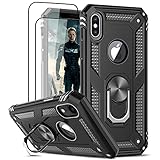 LeYi Hülle für iPhone X Handyhülle iPhone XS mit Panzerglas Schutzfolie(2 Stück),360 Grad Ring Halter Militärische Rüstung Handy Hüllen Stoßfest Cover Schutzhülle Case für iPhone 10/XS Schwarz