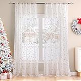 Wokuaile Weiß Weihnachts Vorhang Transparent mit Kräuselband 2er Set Weihnachtsgardinen mit Goldernem Muster Voile Gardinen Vorhänge Wohnzimmer, H220 x B140 cm