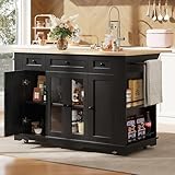 soges Kücheninsel auf Rollen Küchenwagen Küchenschrank, Servierwagen mit klappbare Tischplatte, Buffetschrank, Speisewagen mit Weinregal, Schubladen und Regalen, Schrank aus gehärtetem Glas (Schwarz)