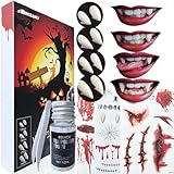 Halloween Vampir Zähne Kinder Erwachsene - 4 Größen Vampirzähne, 3 Gesichtstattoos, 1 Zahnkleber | Vampire Teeth Fangs für Halloween Kostüm Vampir Schminke Cosplay Accessoires 2025 neu