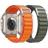 GBPOOT Alpine Loop Kompatibel mit Apple Watch Ultra 42mm 44mm 45mm 49mm,Textil Loop Titan G-Haken Nylon Sport Armband for Iwatch Series 8/7/6/5/4/3/2/1/SE Herren Damen,Grün+Orange，42/44/45/49mm