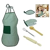 iwobi 6 Stück Kinder Backen kostüm Set, Kinder Chef Rolle Spielen Kostüm, Schürze, Ofenhandschuh, Handmixer, hitzebeständige Matte, Holzlöffel und Nudelholz
