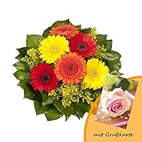 Dominik Blumen und Pflanzen, Blumenstrauß 'Marlene' mit bunten Gerbera und Goldrute und Grußkarte 'Rosen'
