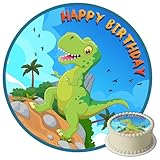 J&M DECO Tortenaufleger Dino – essbare Dinosaurier Tortendeko Ø 20 cm – farbenfrohes Tortenbild für Kindergeburtstag – gebrauchsfertig auf Zuckerpapier – Made in EU