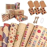 Niviy Geschenkpapier Geburtstag,6 Blatt Öko Kraft Geschenkpapier mit Braun und Bunte Gemischtes Muster,70 x 50CM Geschenkpapier Set mit Etiketten Klebeband Seil,Für Geburtstag,Babyparty,Einschulung