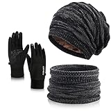 Wintermütze Schal Handschuhe Sets Damen,Weichem Strickmütze ,Touchscreen ,Warme Beanie Mütze Winter mit Fleecefutter für Ski 3Stück-Schwarz