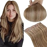 RUNATURE Echthaar Extensions Clip Braun Highlight Blond 30cm Kurz Echte Haare Extensions Echthaar Clip Seamless Haarextension Echthaar 50g 3 Stück Clip in Extensions Echthaar #10P16