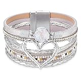 Telooco Lederarmband Damen Herz Wickelarmband Boho Mehrschichtig Armbänder PU Leder Armband Manschette Armband mit Verschluss Leoparden Kristallarmband Schmuck Geschenk für Frauen (Silber)