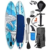 BRAST SUP Board Shark | Aufblasbares Stand up Paddle Set | 320x81x15cm | 8 Designs | 5 Jahre Garantie | inkl. Sonderzubehör | 2in1 Paddel Kajak-Sitz Action-Cam-Halterung Fußschlaufe Pumpe Rucksack
