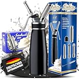 NEMT Sahnespender 0,5 L Sahnesiphon schwarz + 10 Sahnekapseln 500 ml Sahnespender Aluminium mit Edelstahl Düsen und Reinigungbürste, Auslaufsicherer Sahnebereiter für Schlagsahne, Creme, Mousse